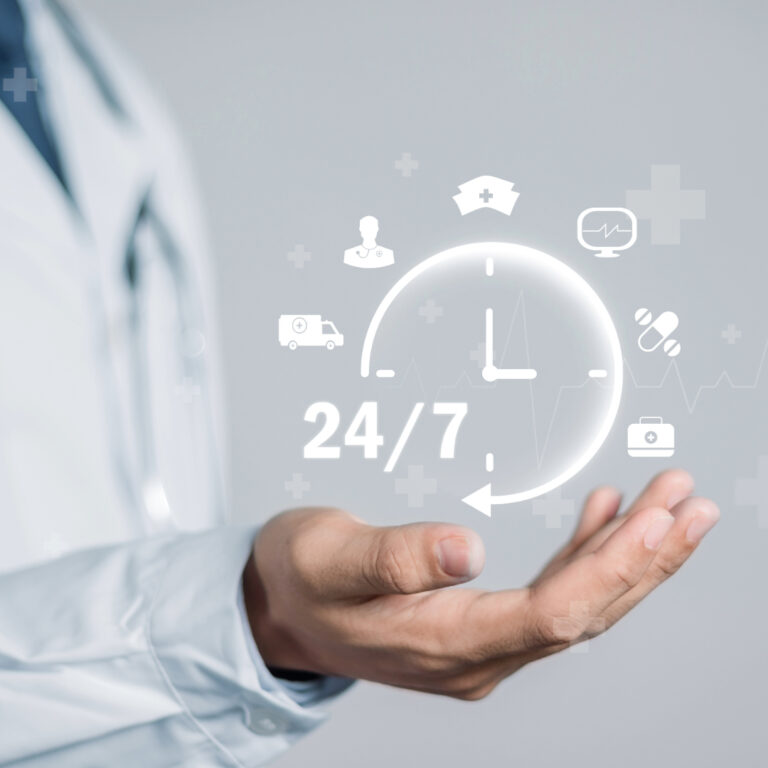 Doctor's hand with medical icons and 24/7 clock